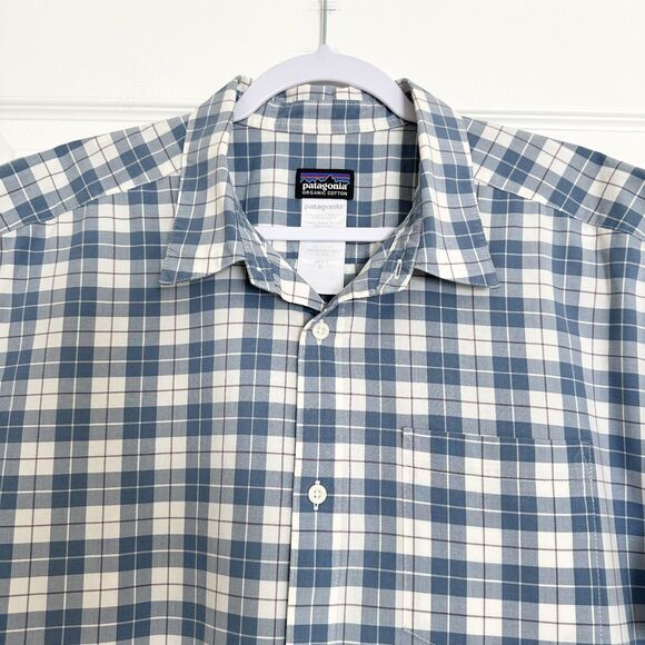 Patagonia Button Down Shirt Mens XL Blue Plaid Fezzman Organic Cotton Blend - Picture 3 of 11